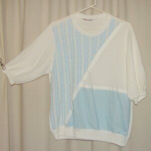 Vtg 1980's Pastel Blue Colorblock TOP, Great Directions, Sz L, Banded Bottom